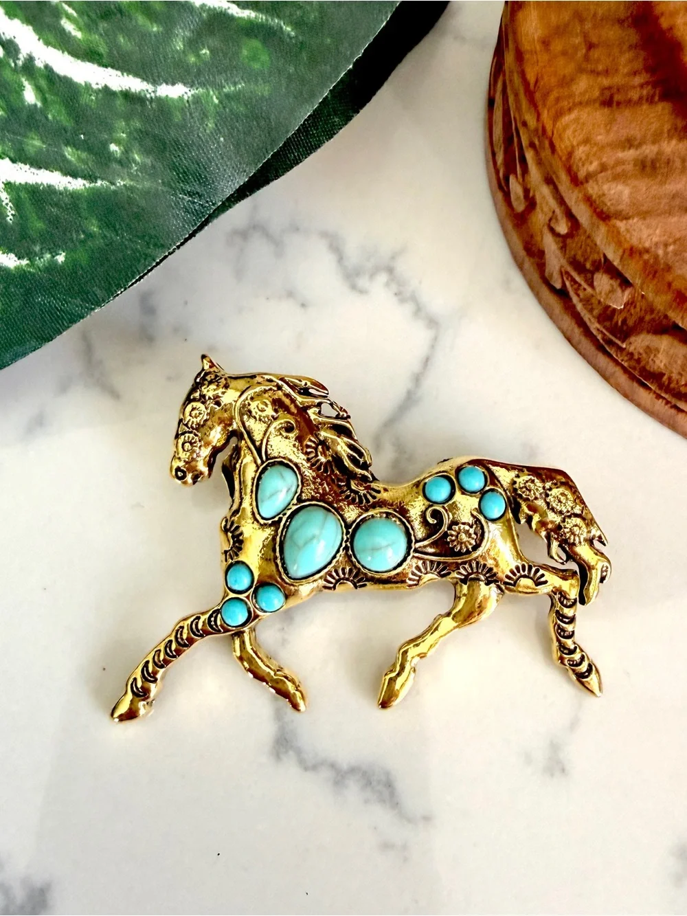Gold Horse Turquoise Stone Brooch Lapel Pin Western Cowgirl Rodeo Accessory NEW